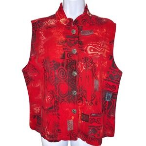 Chico's Womens Red Abstract Tribal Button Front Vest Sz 2/L Boho Art To Wear